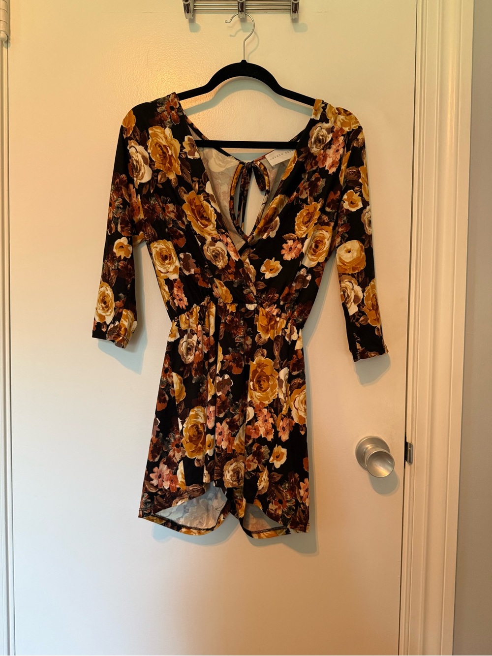 French Grey Black Romper with Mustard Floral Print